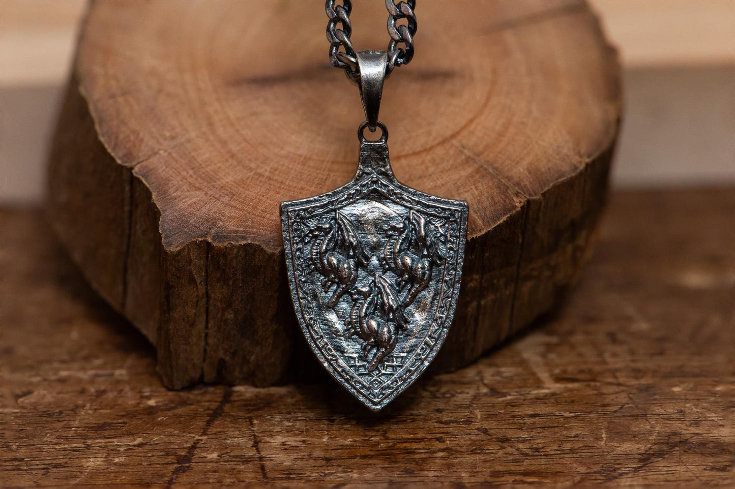 Dragoncrest Shield Talisman +1 S925 Oxidized Silver Necklace | Gothic Medieval Pendant | RPG Fantasy Gift