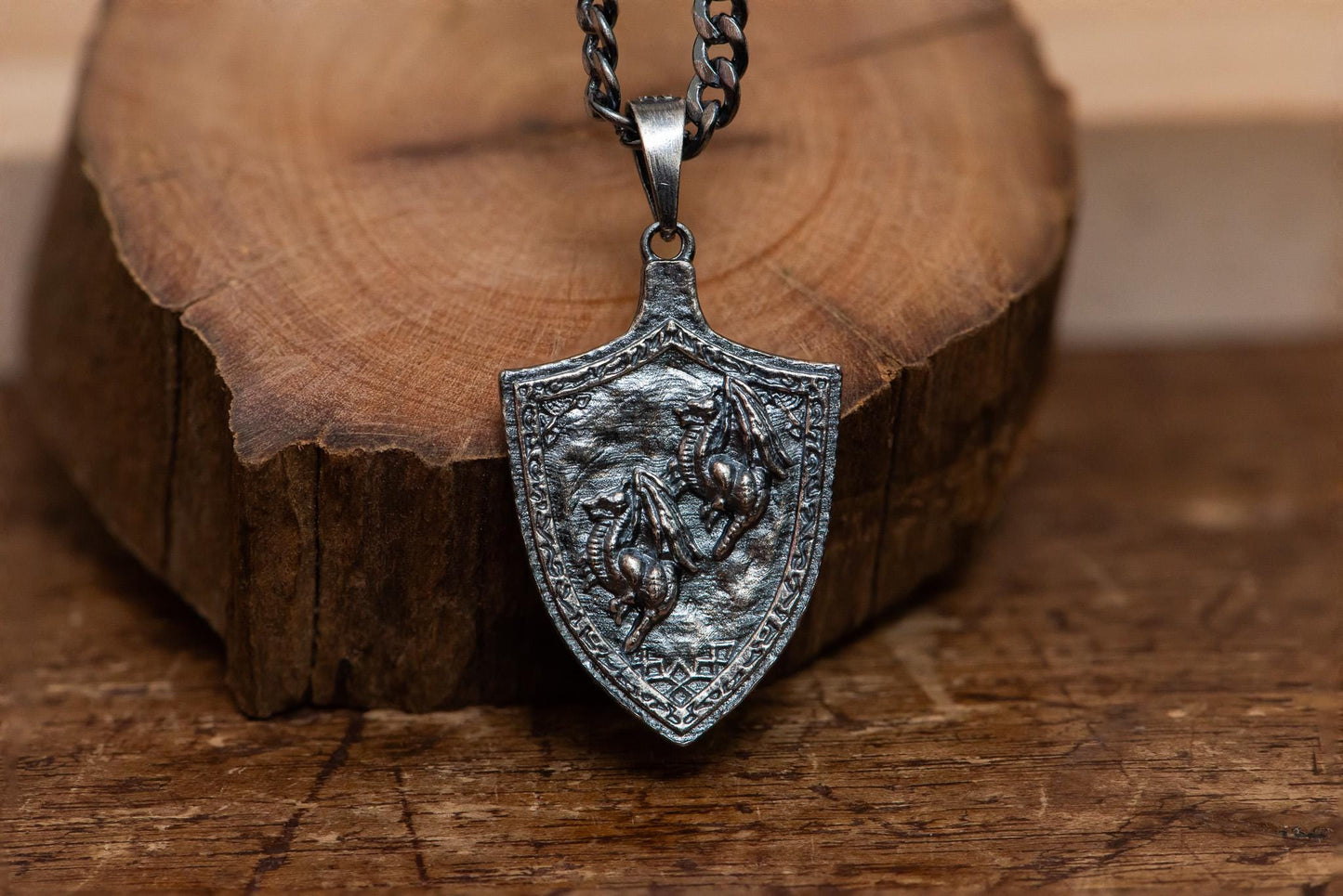 Dragoncrest Shield Talisman S925 Oxidized Silver Necklace | Handmade Fantasy Jewelry For Gamer Men Women