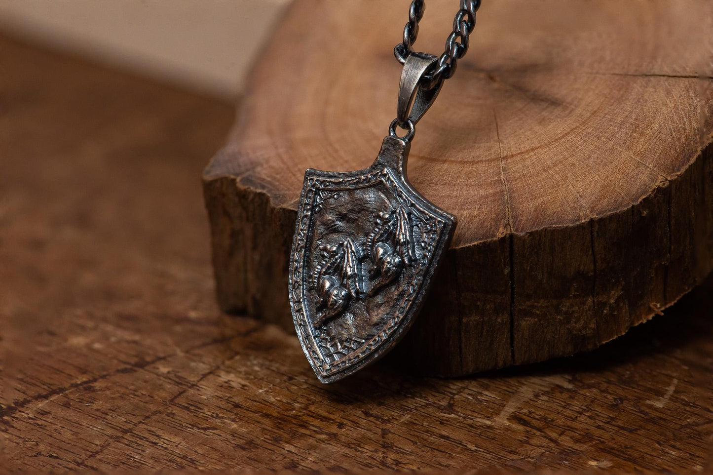 Dragoncrest Shield Talisman S925 Oxidized Silver Necklace | Handmade Fantasy Jewelry For Gamer Men Women
