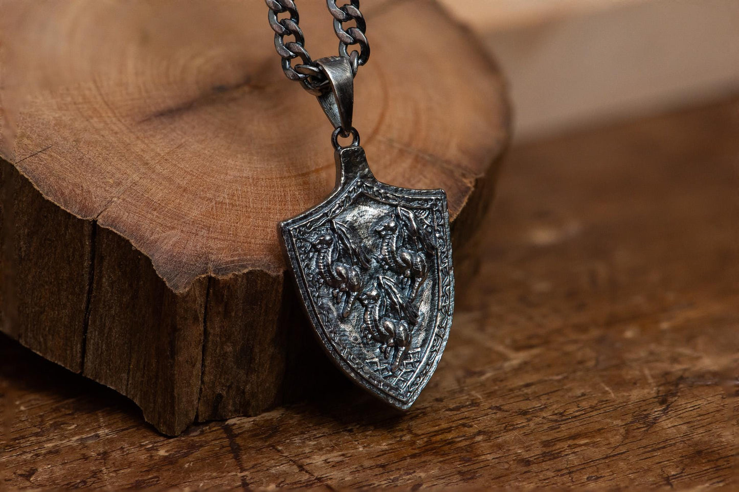 Dragoncrest Shield Talisman +1 S925 Oxidized Silver Necklace | Gothic Medieval Pendant | RPG Fantasy Gift