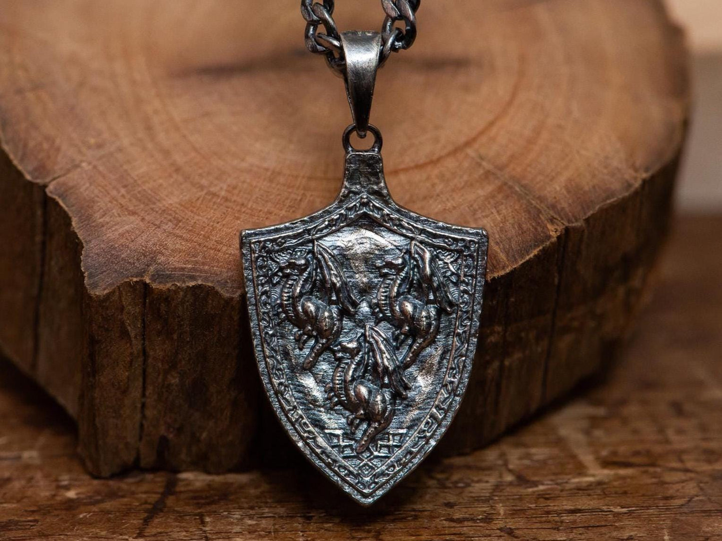 Dragoncrest Shield Talisman +2 S925 Oxidized Silver Necklace | Handcrafted Silver Pendant | Gift For RPG Fans