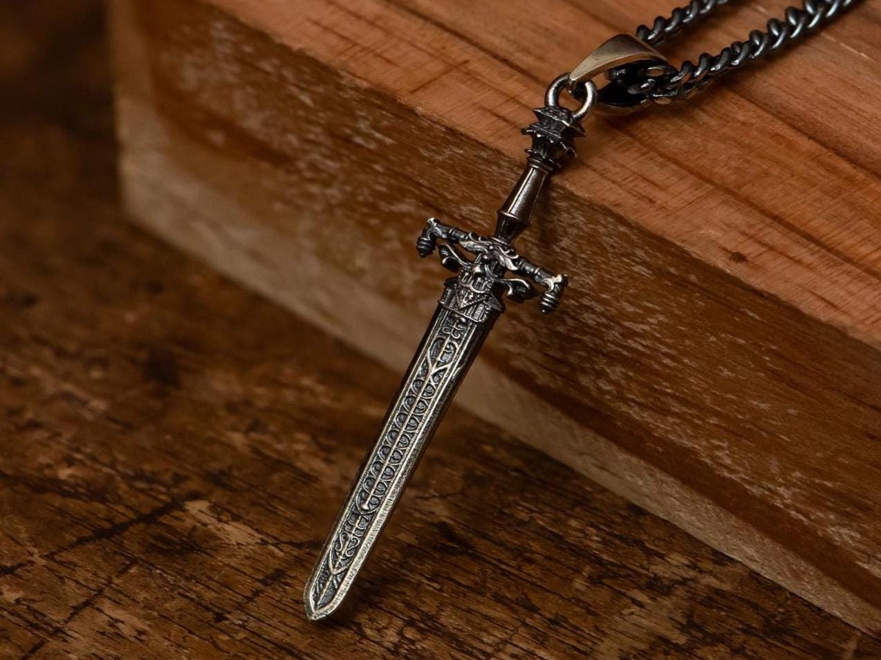 Sword of Night and Flame Inspired Pendant, Oxidized S925 Silver RPG Necklace, Gothic Fantasy Jewelry, Handmade Gift for Him