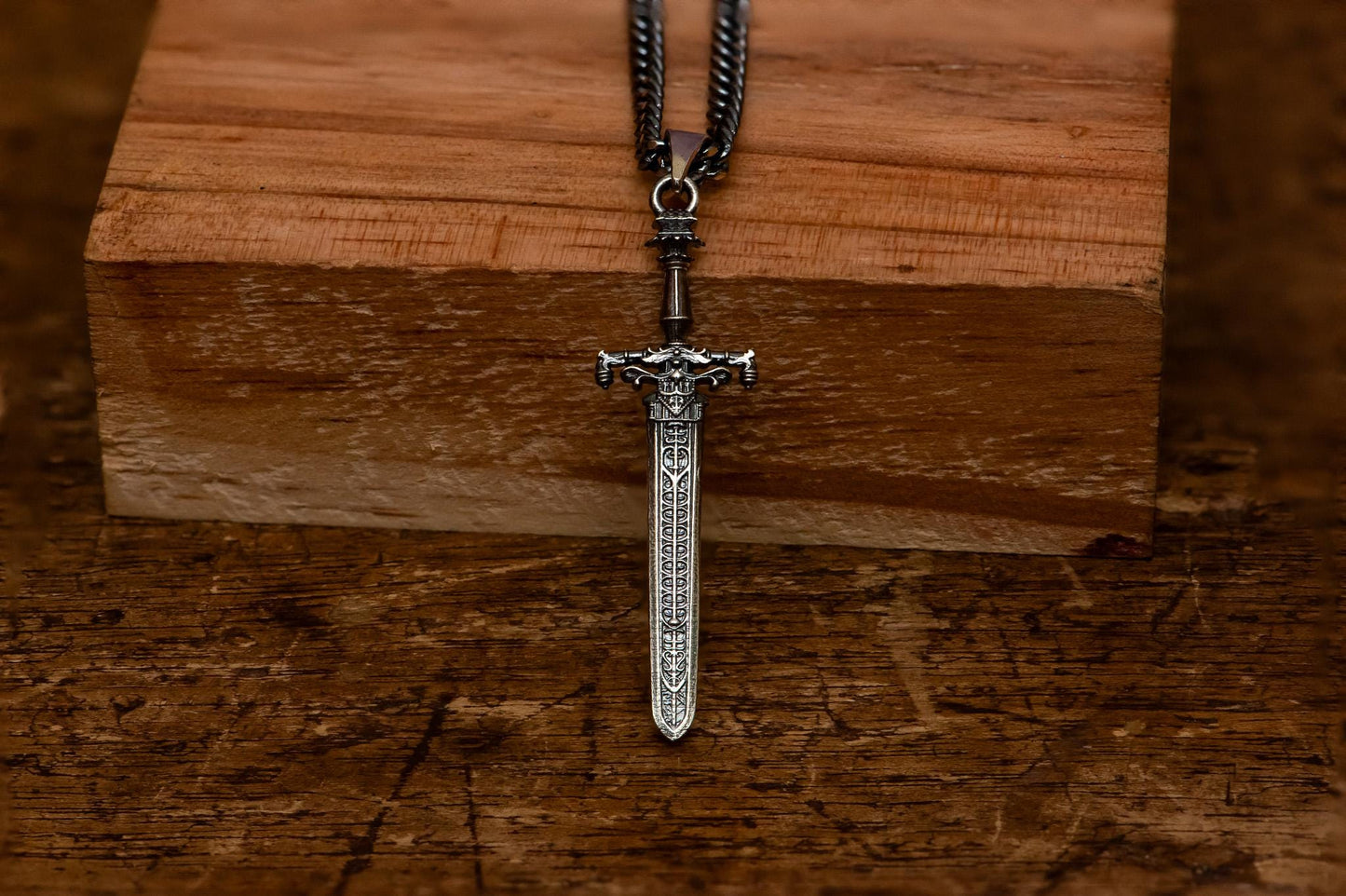 24K Gold Plated Sword of Night and Flame Pendant, S925 Silver Fantasy Necklace, Handmade RPG Jewelry, Elegant Gift for Him