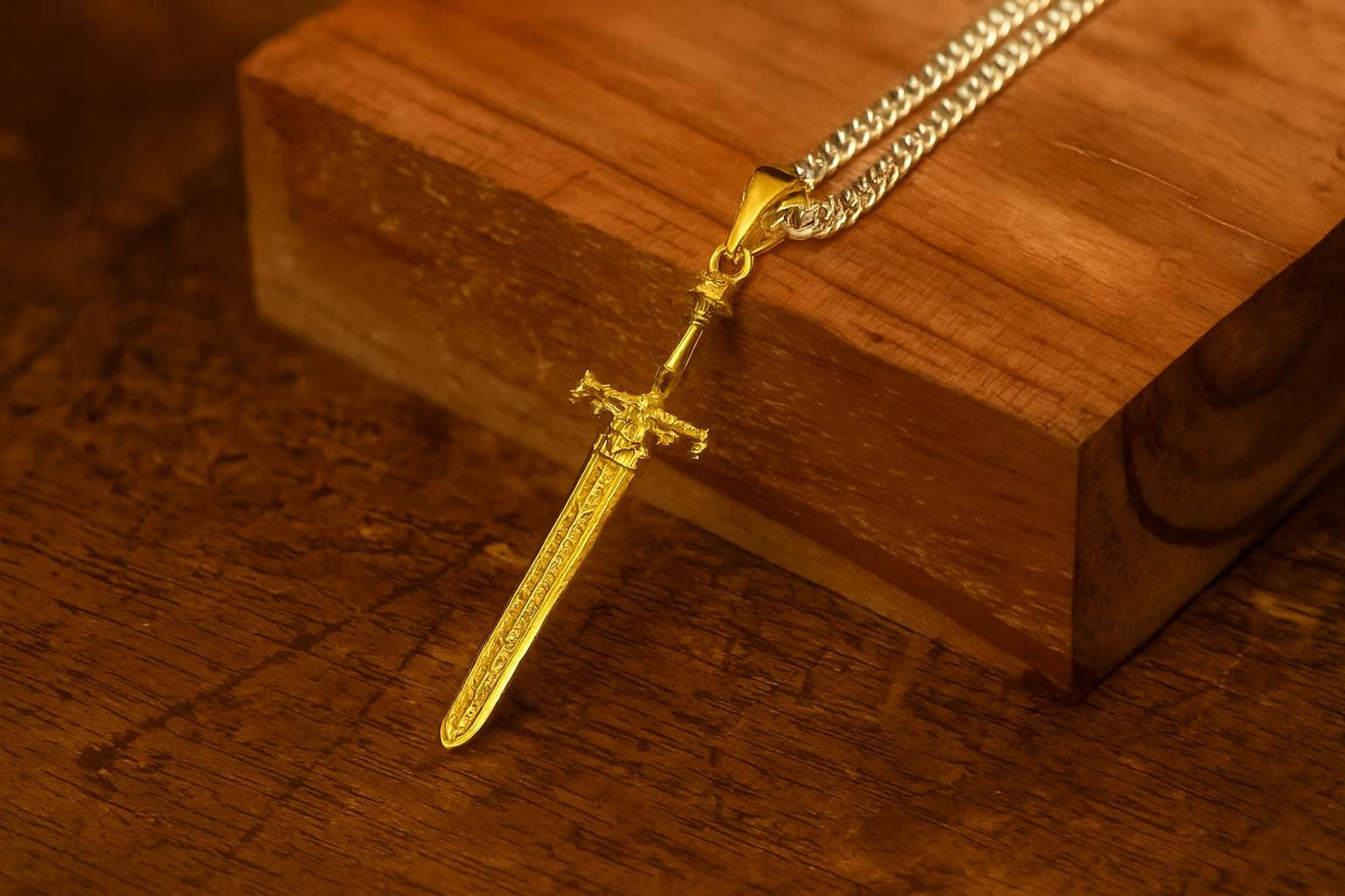24K Gold Plated Sword of Night and Flame Pendant, S925 Silver Fantasy Necklace, Handmade RPG Jewelry, Elegant Gift for Him