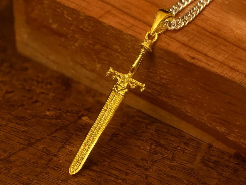 24K Gold Plated Sword of Night and Flame Pendant, S925 Silver Fantasy Necklace, Handmade RPG Jewelry, Elegant Gift for Him