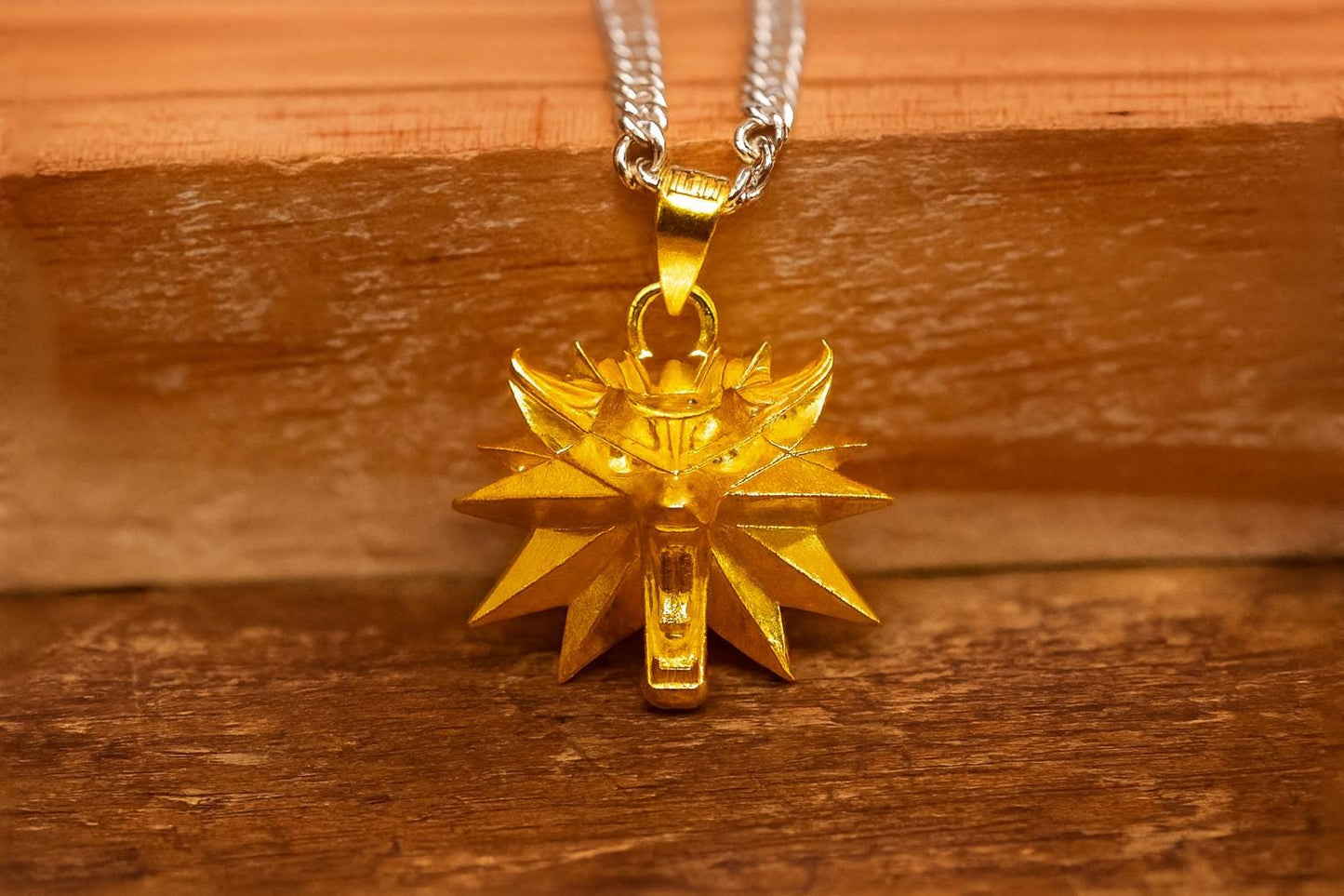 24K Gold Plated Wolf Head Pendant, S925 Silver Fantasy Necklace, Handmade Jewelry Gift for Him, Elegant Gamer Accessory