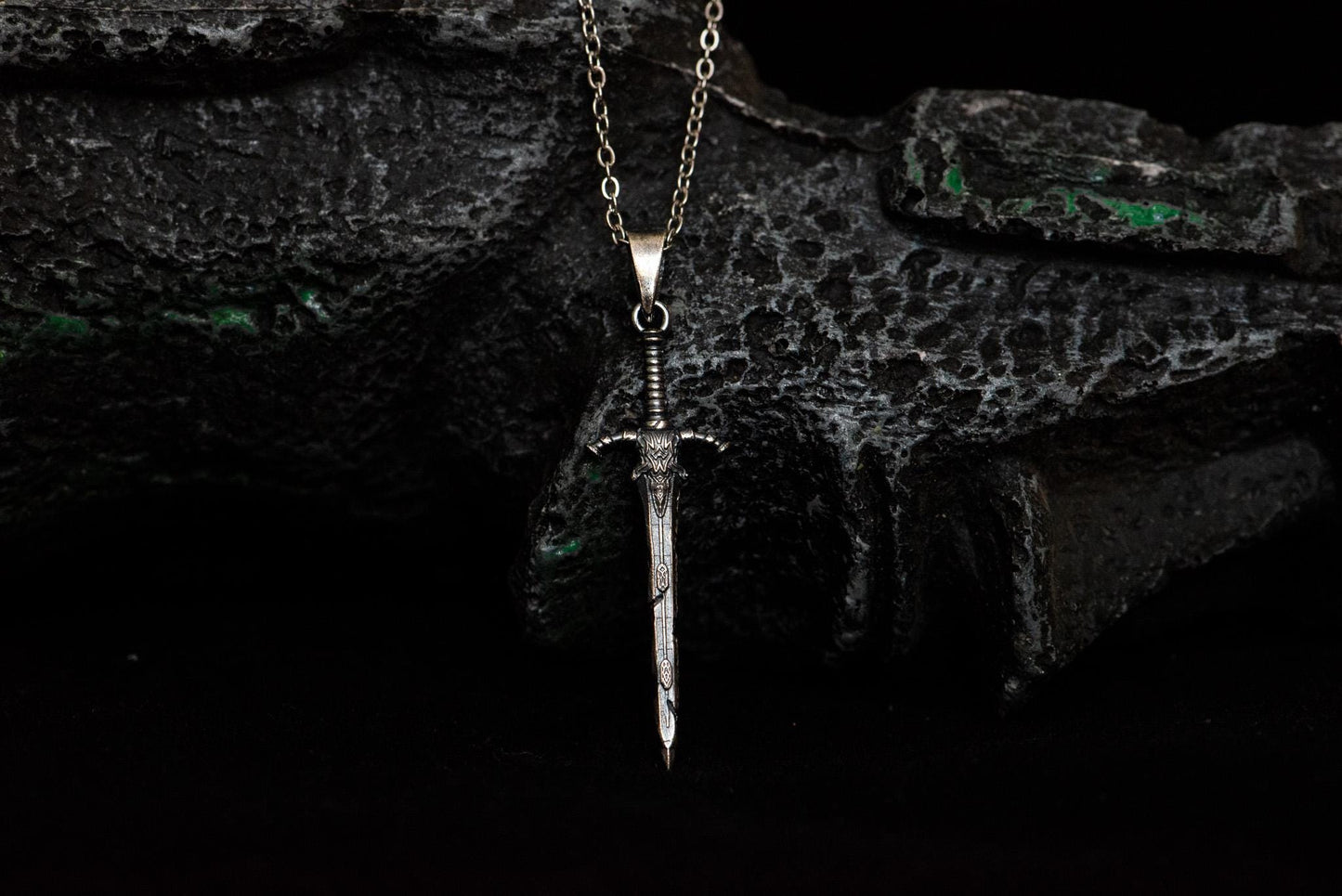 Dark Silver Great Blade Pendant S925 Sterling Sword Necklace Oxidized Finish, Gothic Jewelry for Him, RPG Gamer Gift