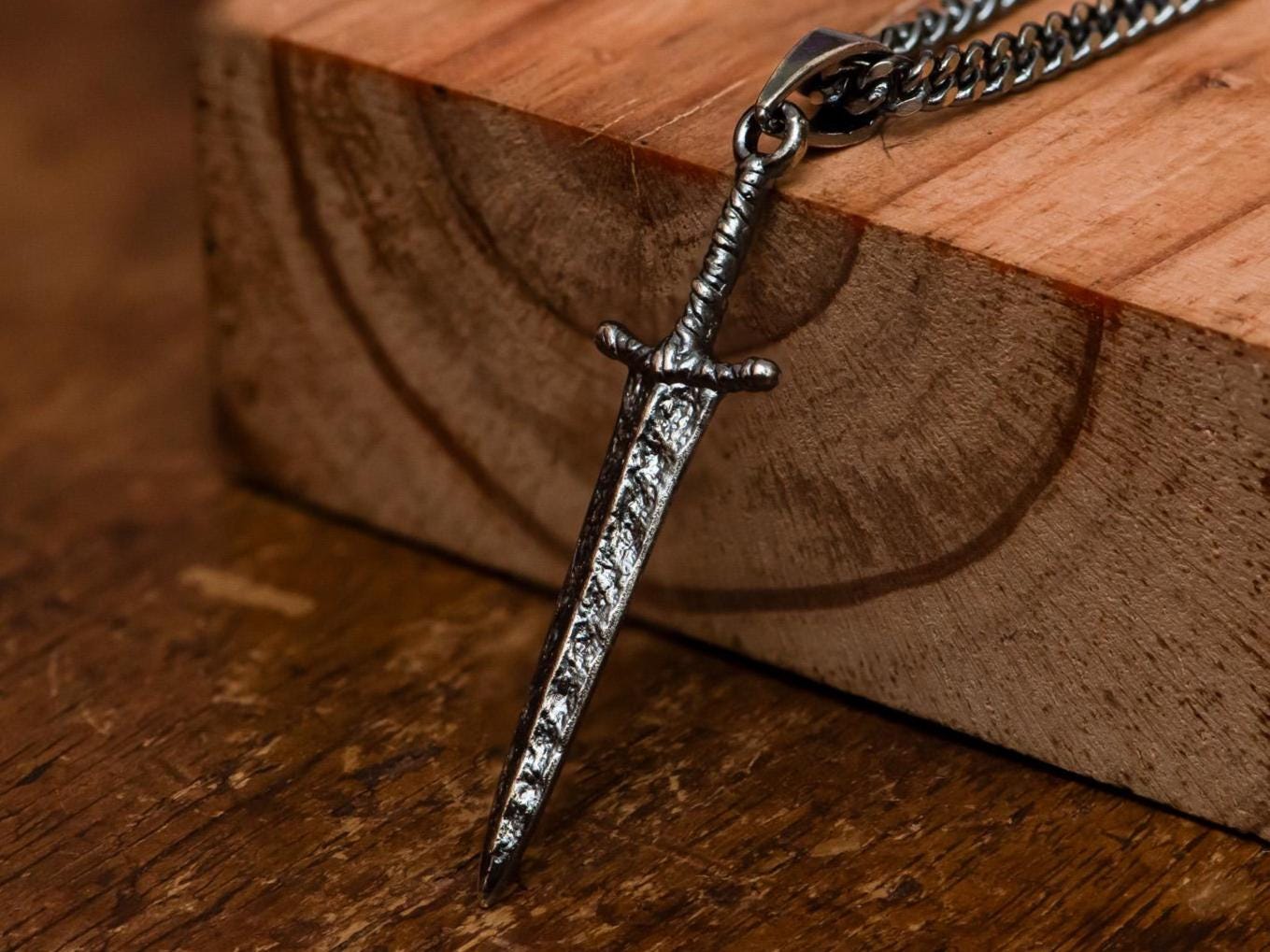 Oxidized Dark Silver Greatsword Necklace S925, Gothic RPG Jewelry for Men, Handmade Fantasy Sword Pendant, Gift for Gamer, Silver Chain