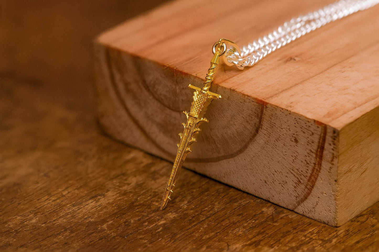 Helphen’s Steeple Gold Plated Necklace, 24K S925 Silver Fantasy Sword Pendant, Handmade Gamer Jewelry, RPG Gift for Him