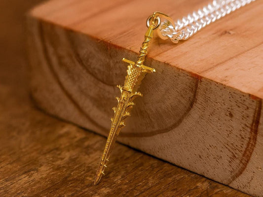 Helphen’s Steeple Gold Plated Necklace, 24K S925 Silver Fantasy Sword Pendant, Handmade Gamer Jewelry, RPG Gift for Him