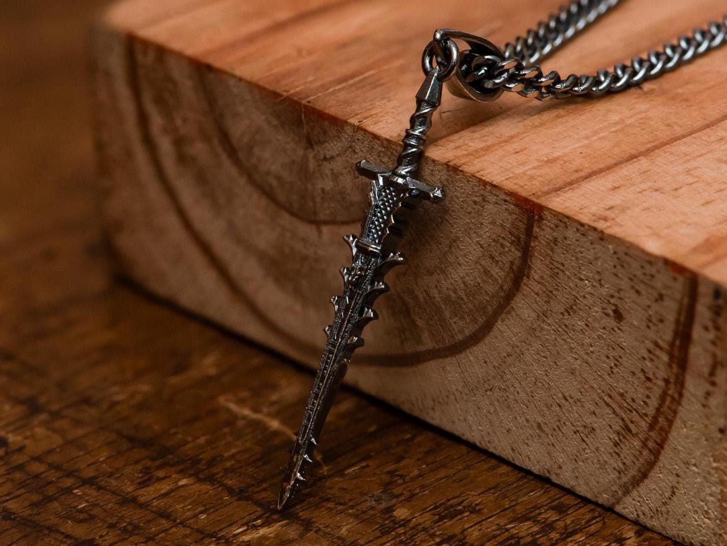 Helphen’s Steeple Dark Silver Pendant, Oxidized S925 Sword Necklace, Fantasy Gamer Jewelry, RPG Ghostflame Greatsword Gift for Men