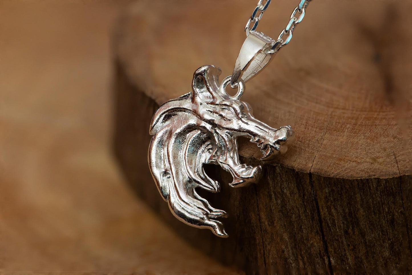 Gold Plated S925 Wolf Pendant Necklace, Two-Faced Wolf Head Jewelry for Men, Sterling Silver Fantasy Accessory