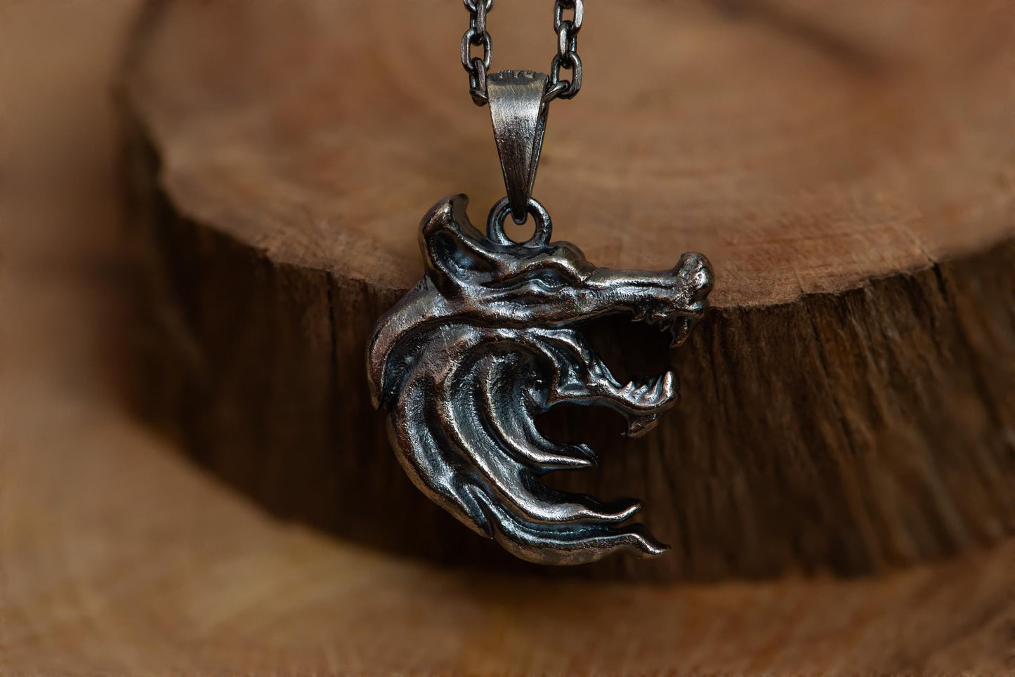 Two-Sided Wolf Head Pendant S925 Sterling Silver Necklace, Handcrafted Wolf Jewelry for Men, Fantasy Gift for Him