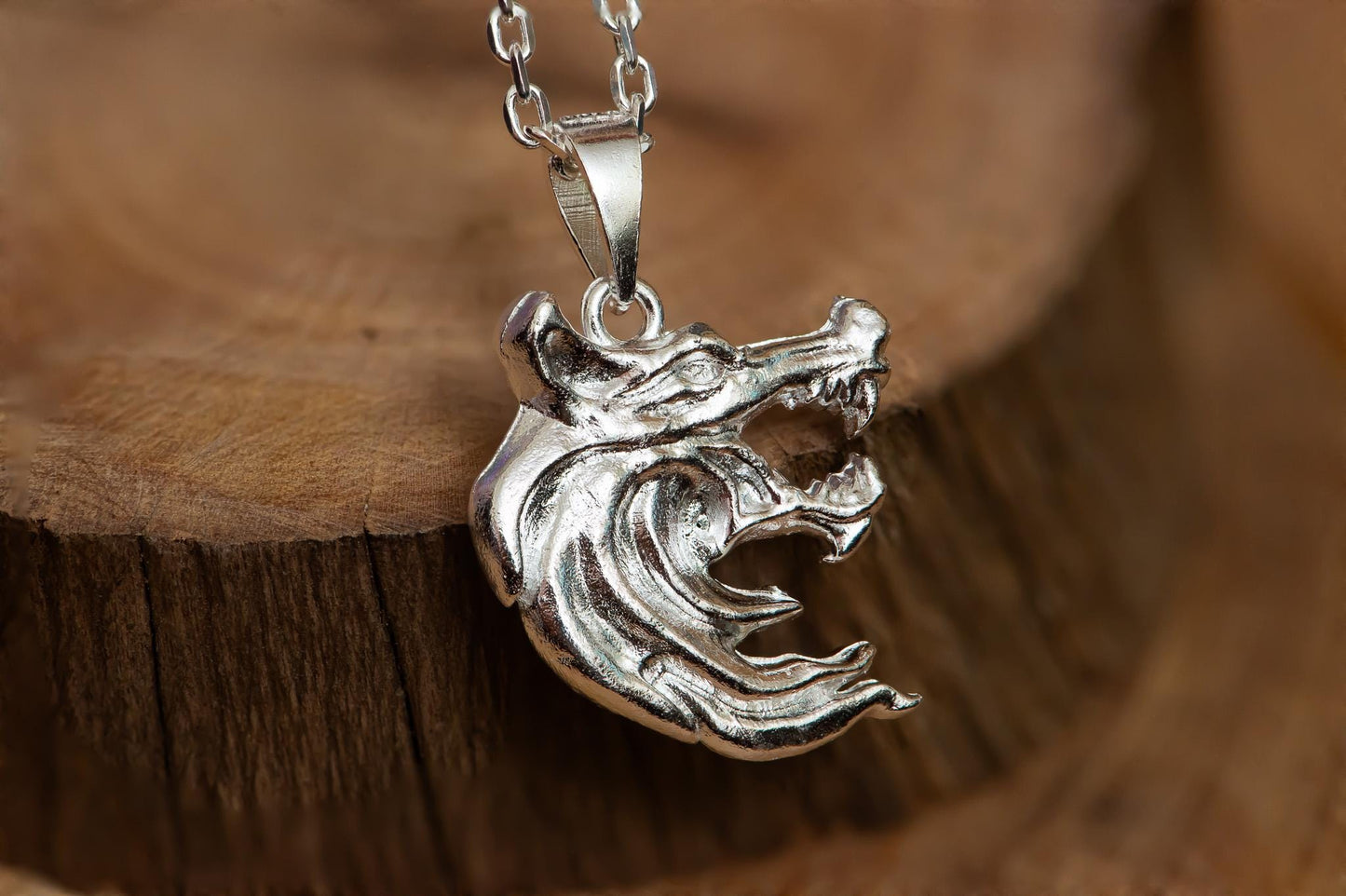 Two-Sided Wolf Head Pendant S925 Sterling Silver Necklace, Handcrafted Wolf Jewelry for Men, Fantasy Gift for Him