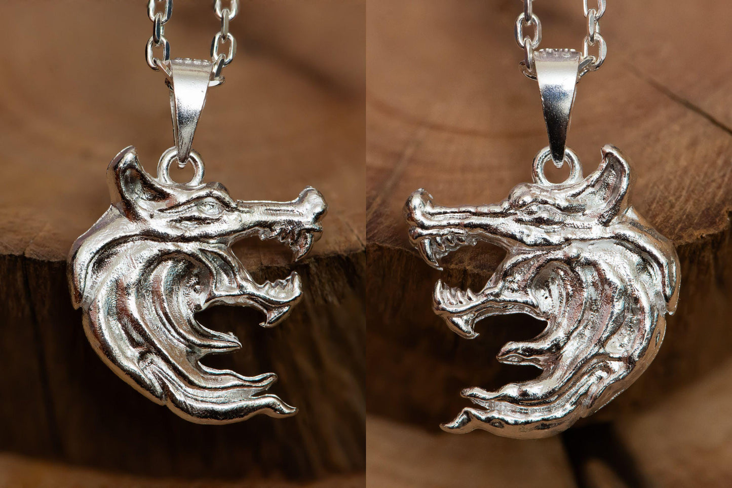 Oxidized Wolf Head Pendant Necklace S925 Sterling Silver, Double-Sided Wolf Jewelry for Men, Handmade Fantasy Gift