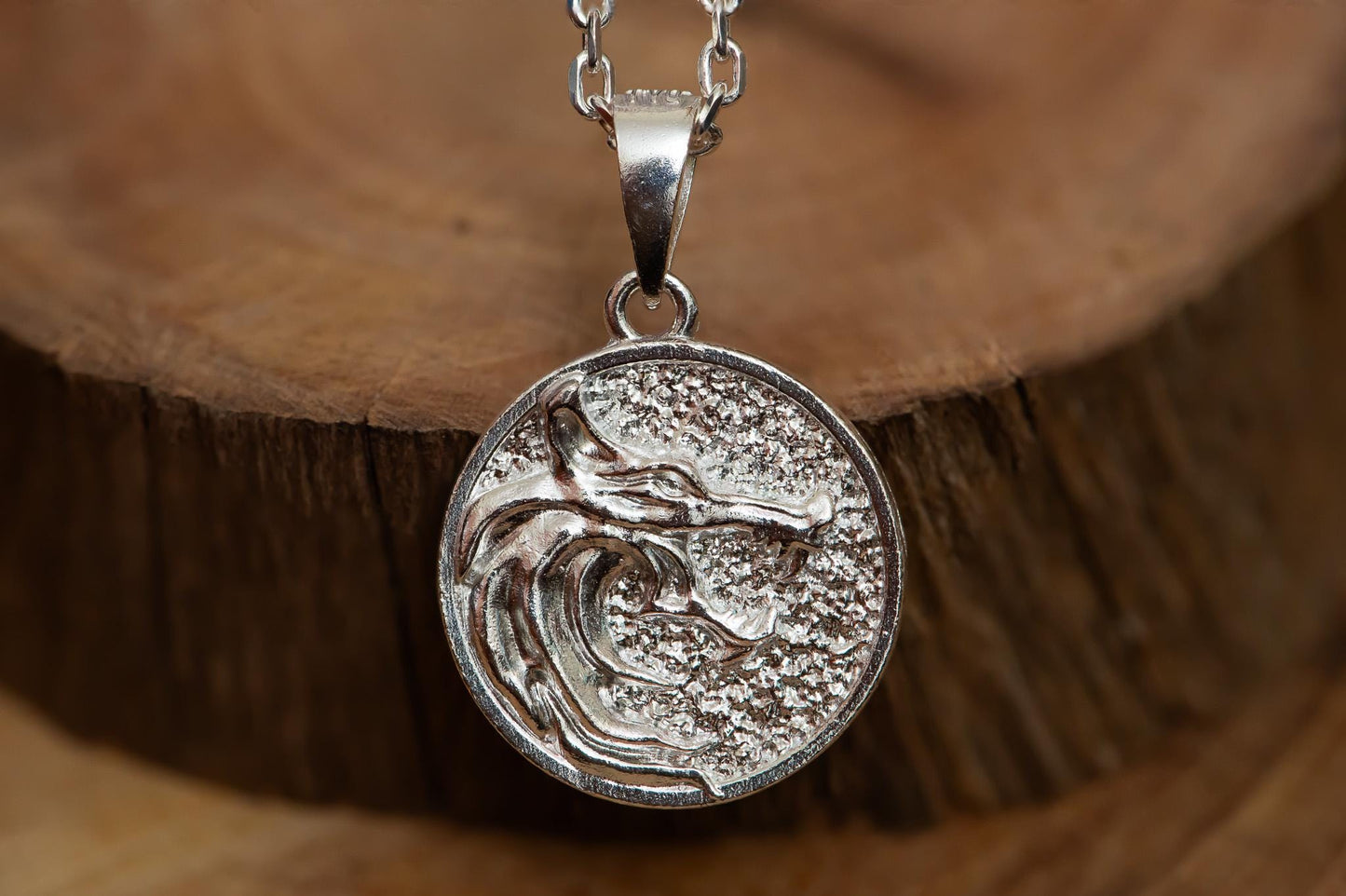 Round Wolf Head Pendant S925 Sterling Silver Necklace, Double-Sided Handmade Wolf Jewelry for Men, Fantasy Gift
