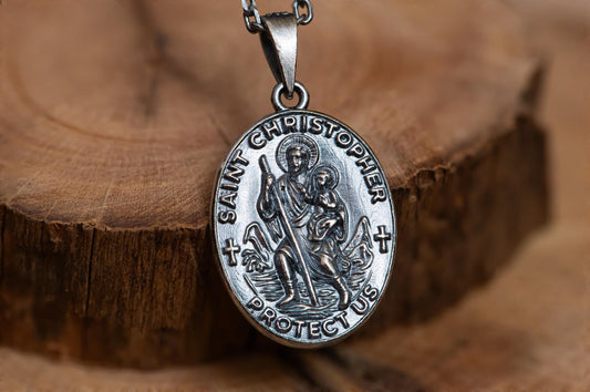 Oxidized St. Christopher Medal Necklace S925 Sterling Silver, Handmade Saint Amulet Jewelry for Travelers Protection