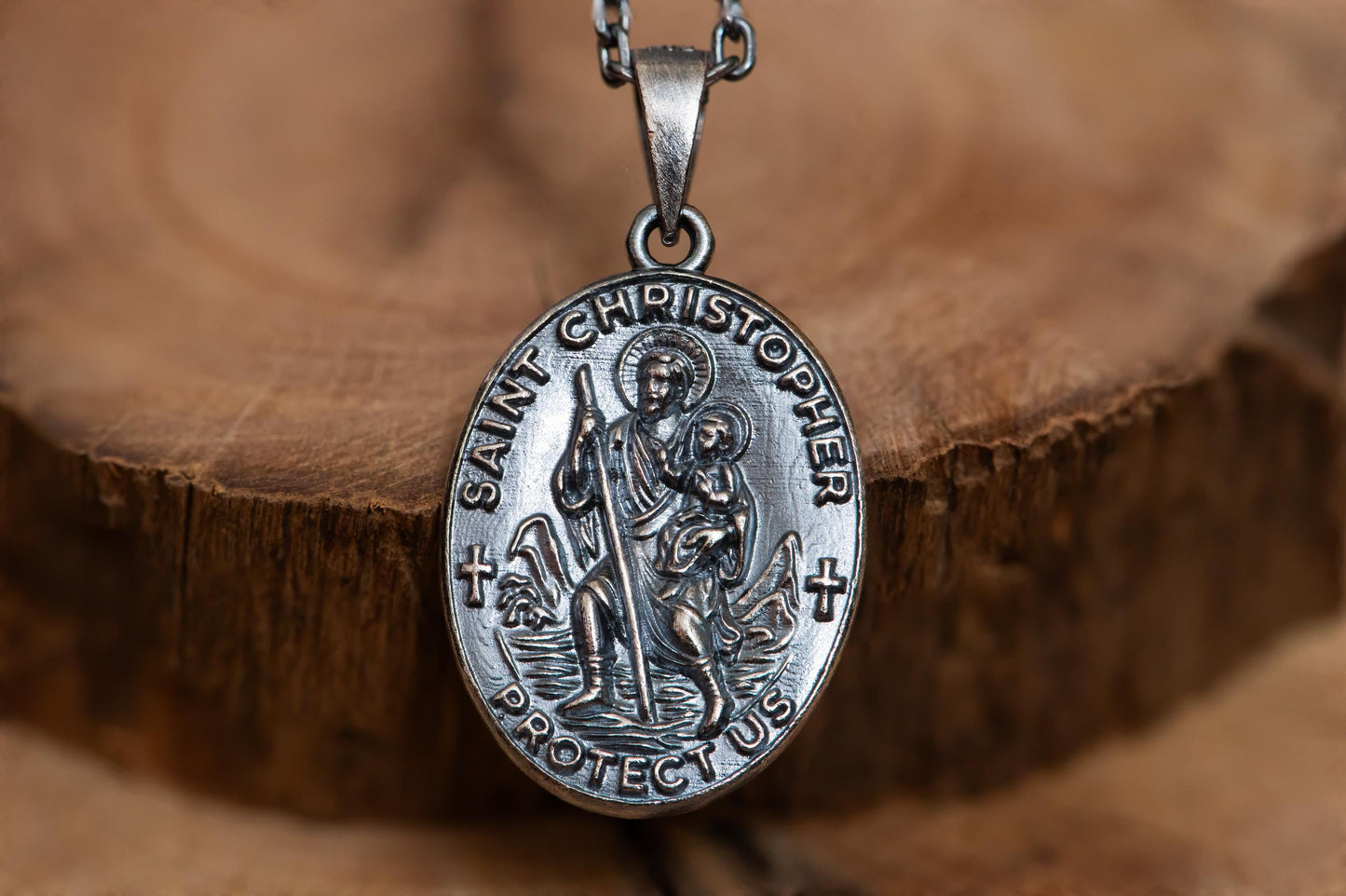Oxidized St. Christopher Medal Necklace S925 Sterling Silver, Handmade Saint Amulet Jewelry for Travelers Protection