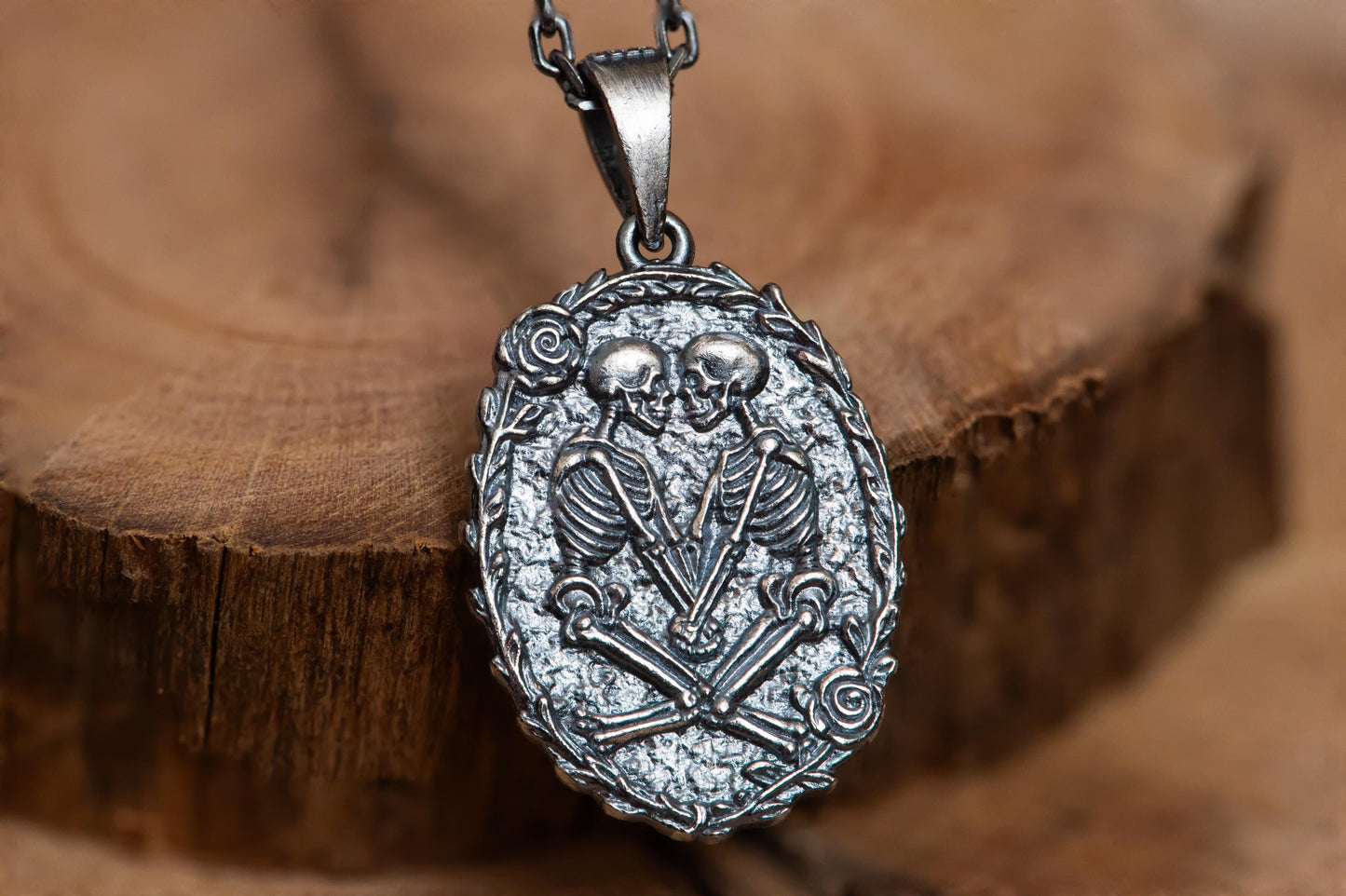 Oxidized Skeleton Lovers Pendant Necklace S925 Sterling Silver, Gothic Heart Cross Jewelry, Memento Mori Gift for Him Her