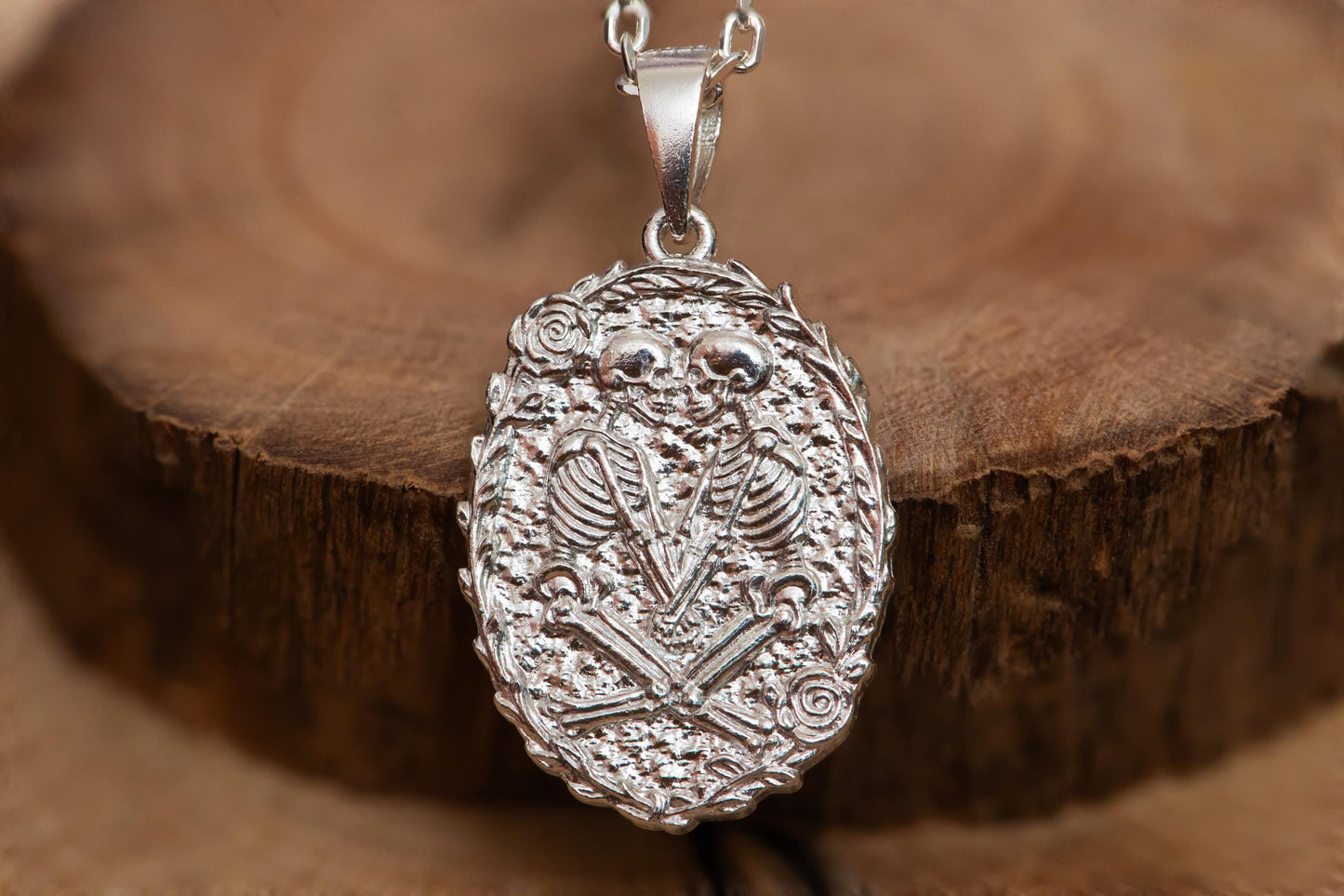 Oxidized Skeleton Lovers Pendant Necklace S925 Sterling Silver, Gothic Heart Cross Jewelry, Memento Mori Gift for Him Her