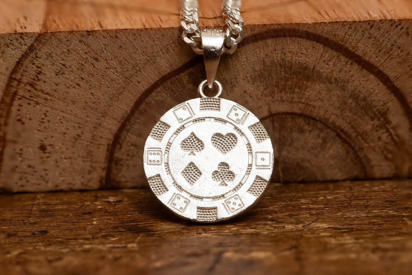 Poker Coin Silver Pendant S925 | Four Suits Necklace for Men | Hearts Diamonds Clubs Spades Jewelry | Gift for Gamers & Card Lovers