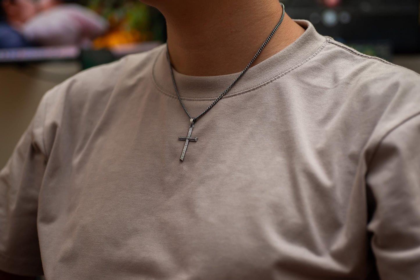 Oxidized Engraved Cross Necklace S925 Sterling Silver Rustic Christian Jewelry for Men, Handmade Faith Pendant