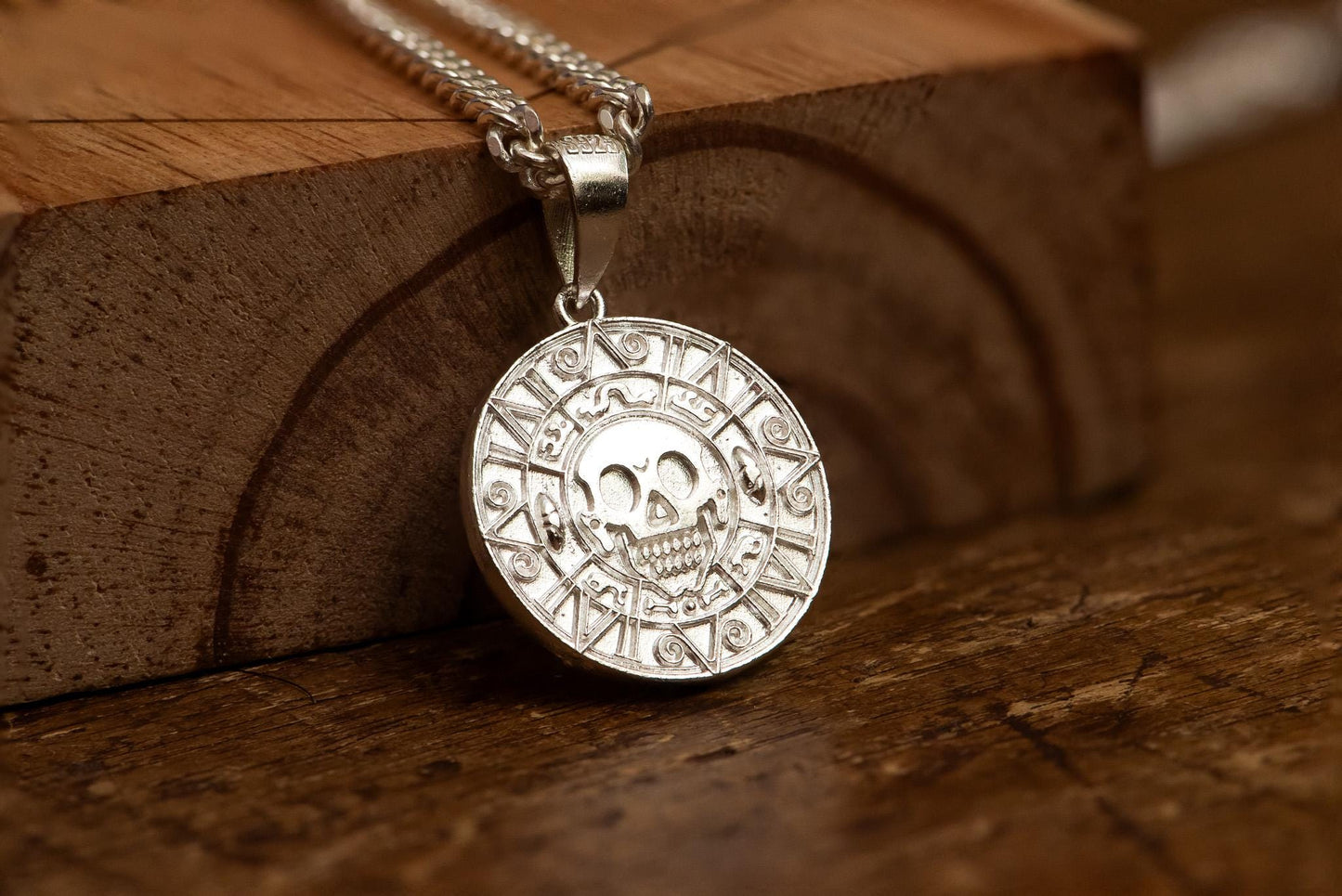 Handmade S925 Silver Aztec Coin Pendant, Pirate Treasure Necklace, Nautical Skull Jewelry, Men’s Gothic Amulet, Vintage Silver Gift