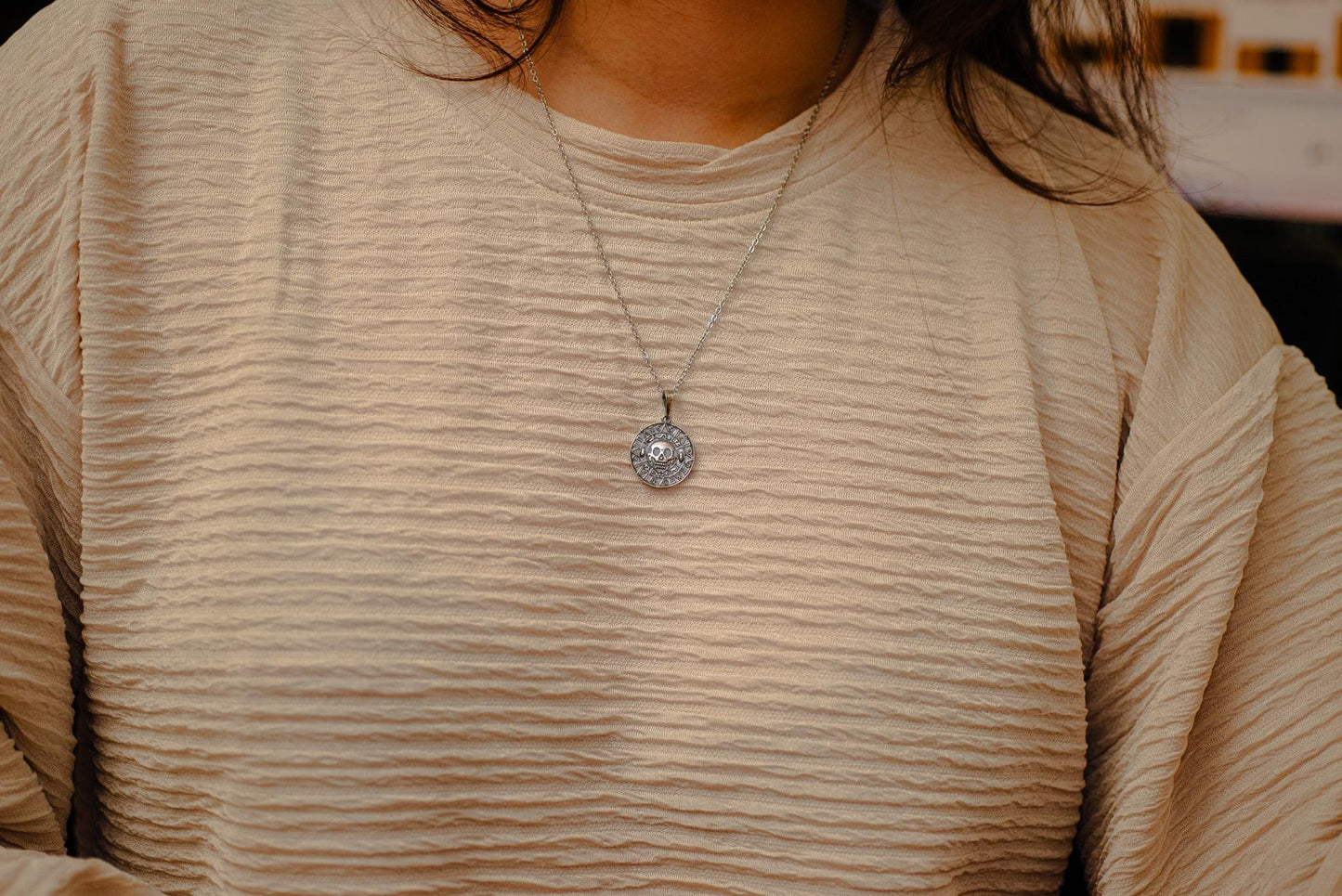 Oxidized S925 Silver Aztec Skull Coin Pendant, Handmade Pirate Treasure Necklace, Gothic Nautical Jewelry for Men, Unique Gift