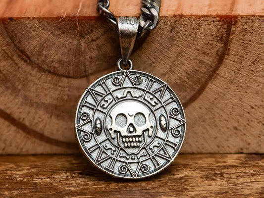 Oxidized S925 Silver Aztec Skull Coin Pendant, Handmade Pirate Treasure Necklace, Gothic Nautical Jewelry for Men, Unique Gift