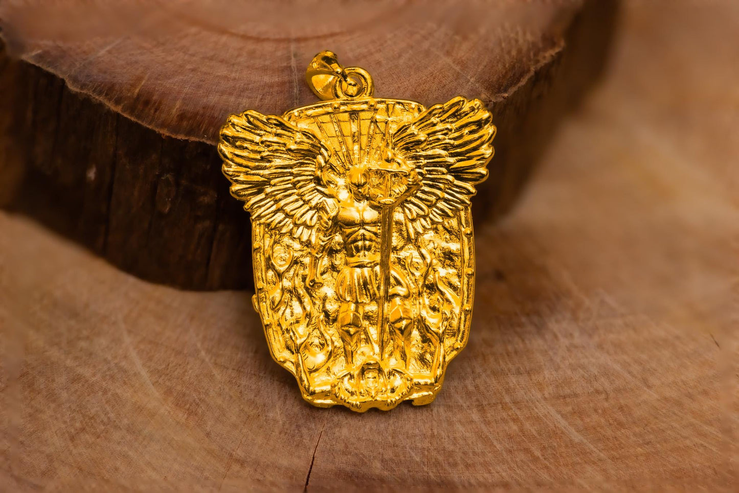 Gold Angel Warrior Pendant Necklace S925 Sterling Gold Plated, Handmade Fantasy Shield Jewelry, Gift for Gamer