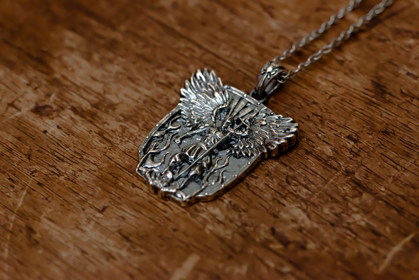 Dark Silver Angel Warrior Pendant Necklace S925 Sterling Oxidized Shield Jewelry, Medieval Gothic Necklace for Him