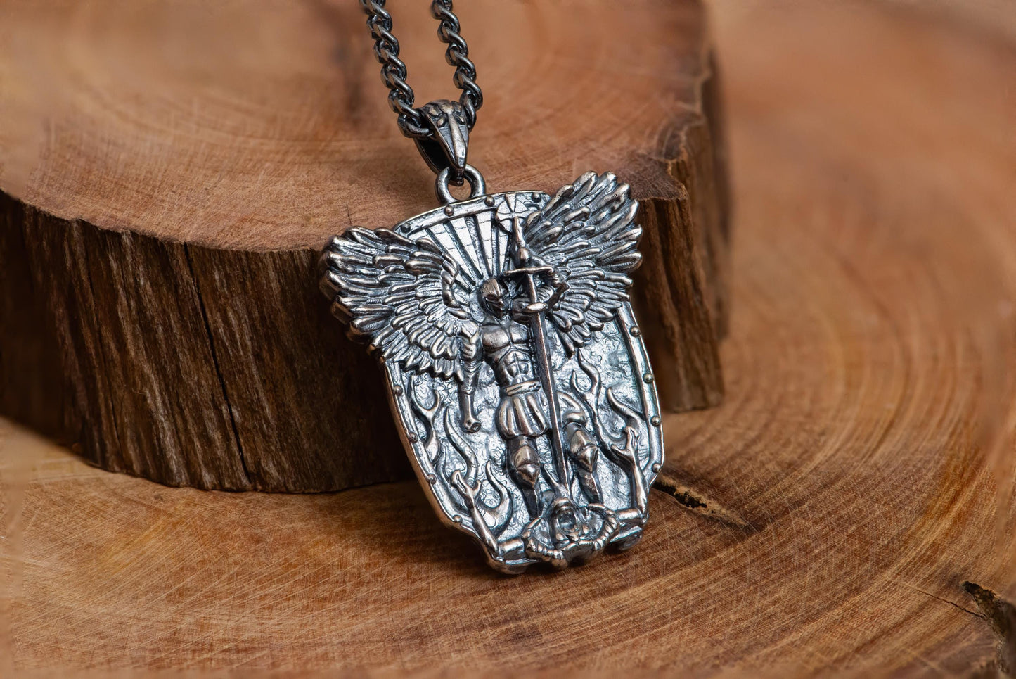 Silver Angel Warrior Pendant Necklace S925 Sterling Handmade Shield Jewelry, Gothic Fantasy Talisman Gift for Men
