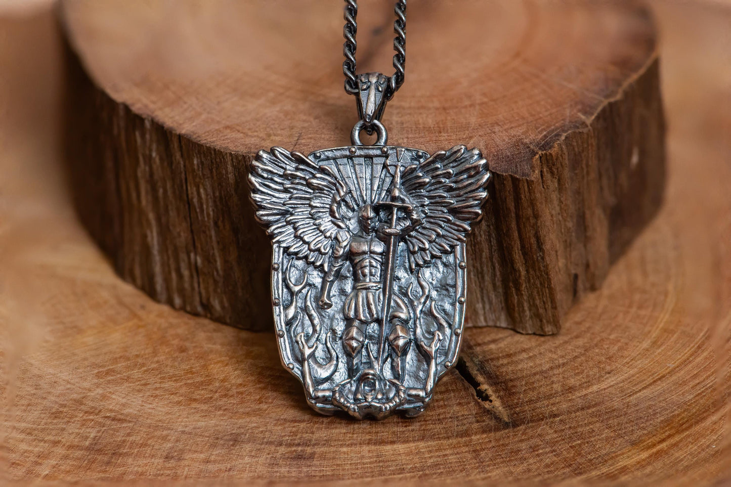 Silver Angel Warrior Pendant Necklace S925 Sterling Handmade Shield Jewelry, Gothic Fantasy Talisman Gift for Men