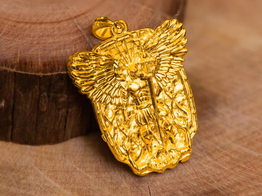 Gold Angel Warrior Pendant Necklace S925 Sterling Gold Plated, Handmade Fantasy Shield Jewelry, Gift for Gamer