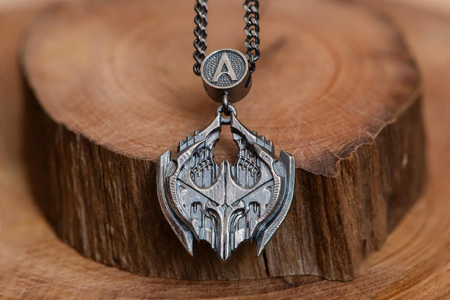 Dark Silver War Emblem Pendant Necklace S925 Sterling Oxidized Fantasy Jewelry for Men, RPG Gothic Talisman Gift