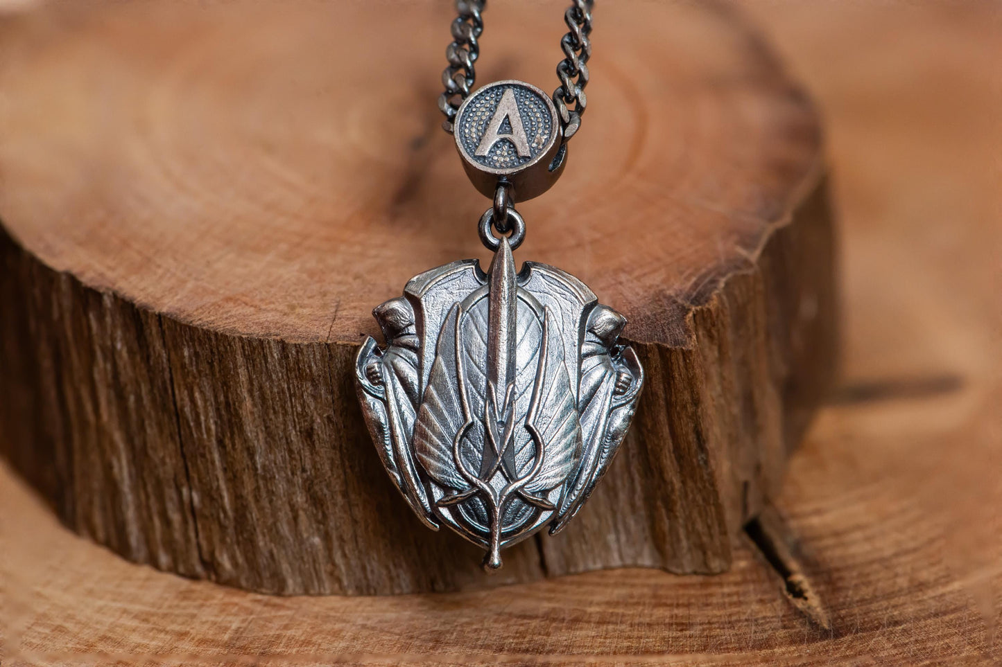 Dark Silver Crest Blade Pendant Necklace S925 Sterling Oxidized Gothic Jewelry for Men, RPG Fantasy Necklace Gift