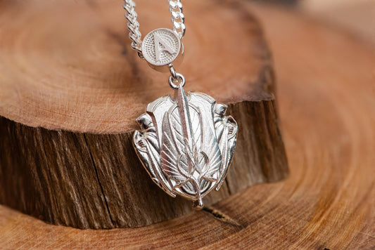 Silver Crest Blade Pendant Necklace S925 Sterling Handmade Jewelry, Fantasy Shield Symbol Necklace, Gift for Gamer