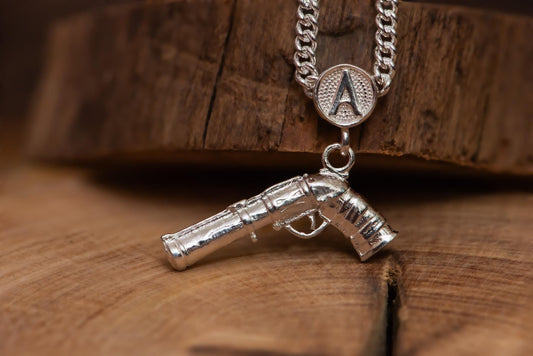 S925 Silver Fantasy Gun Pendant Necklace for Men – Handmade Sterling Silver Chain, Gamer Jewelry, Unique Gift for Him