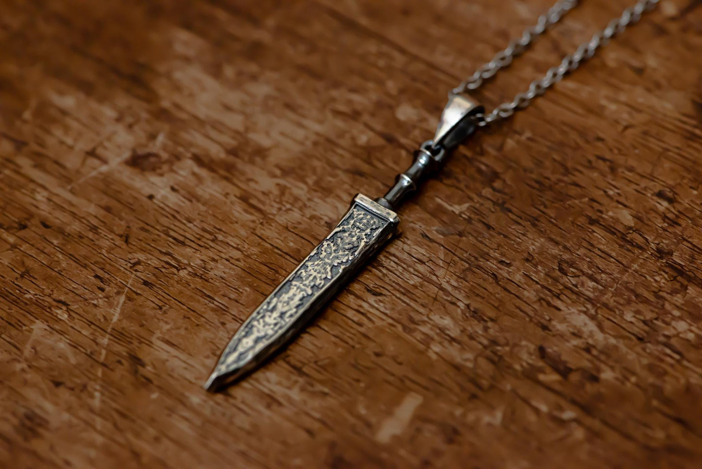 Oxidized S925 Sterling Silver Textured Sword Pendant Necklace – Dark Fantasy Jewelry, Handmade Talisman, Gift for Men, Warrior Style