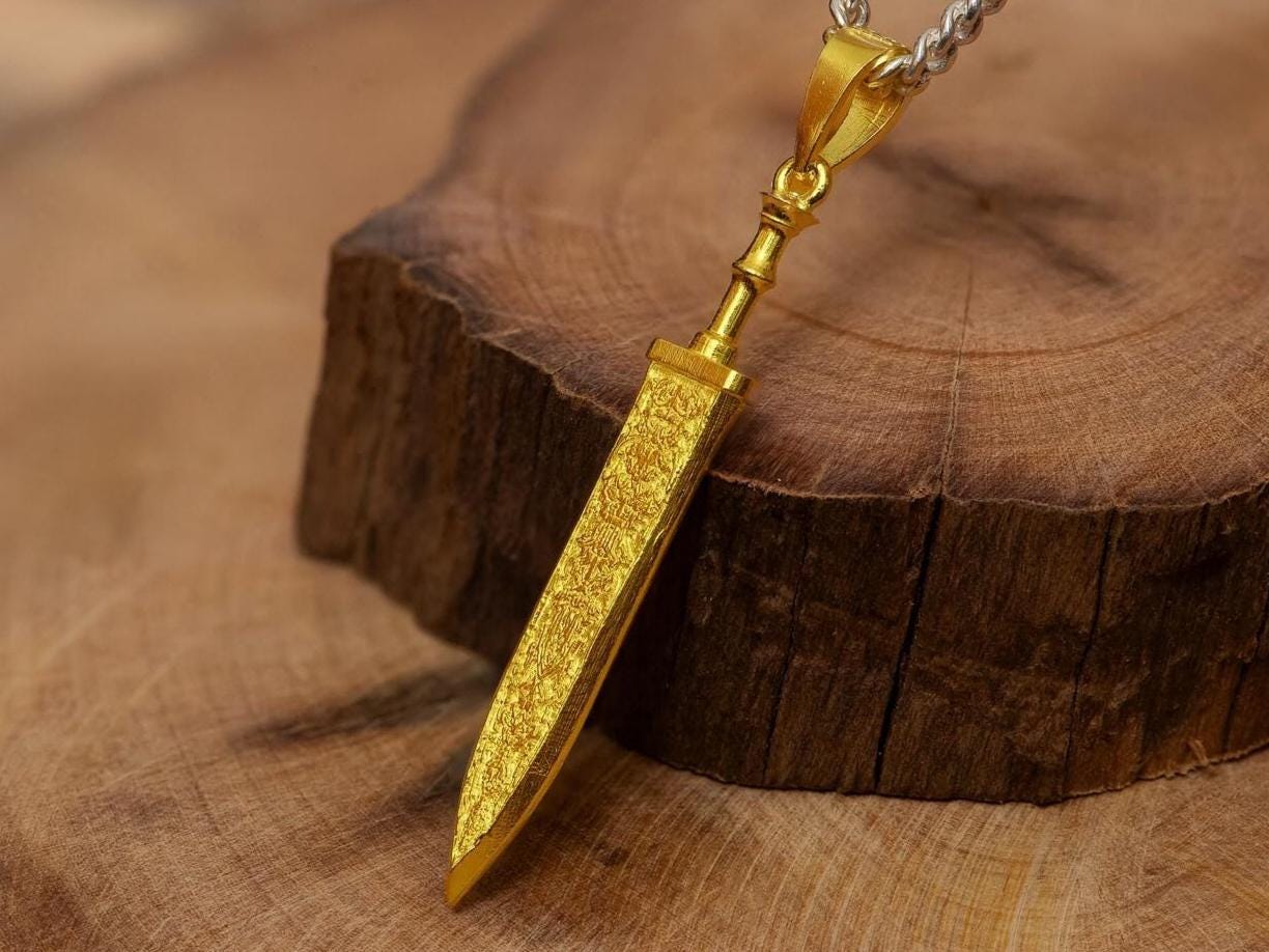 Gold Plated S925 Sterling Silver Sword Pendant Necklace – Polished Blade Design, RPG Inspired Jewelry, Fantasy Gift for Gamer