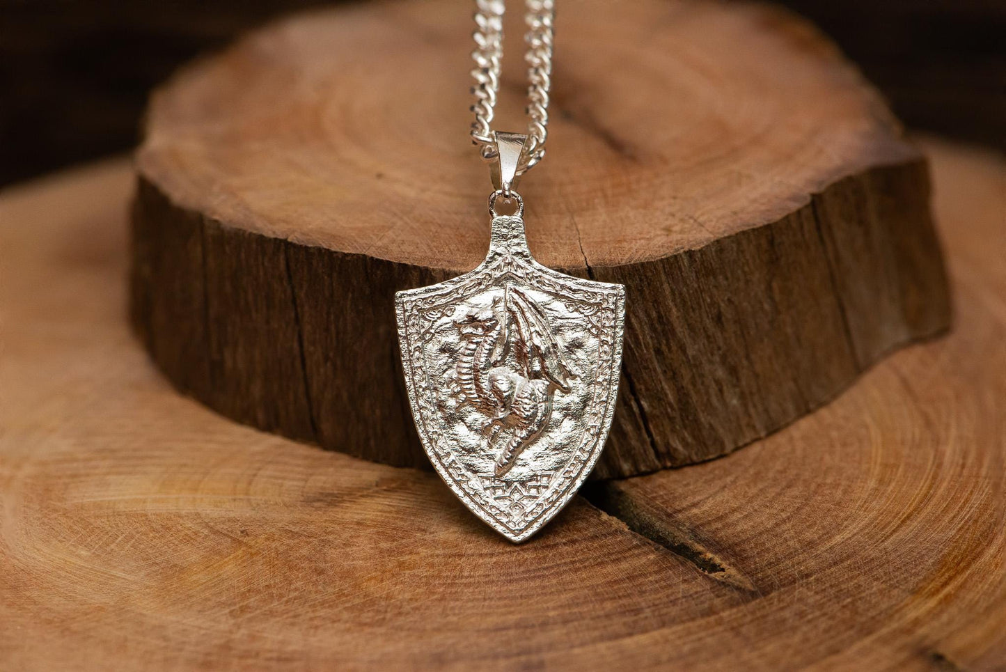 Dragoncrest Shield Talisman S925 Oxidized Silver Necklace | Handmade Fantasy Jewelry For Gamer Men Women