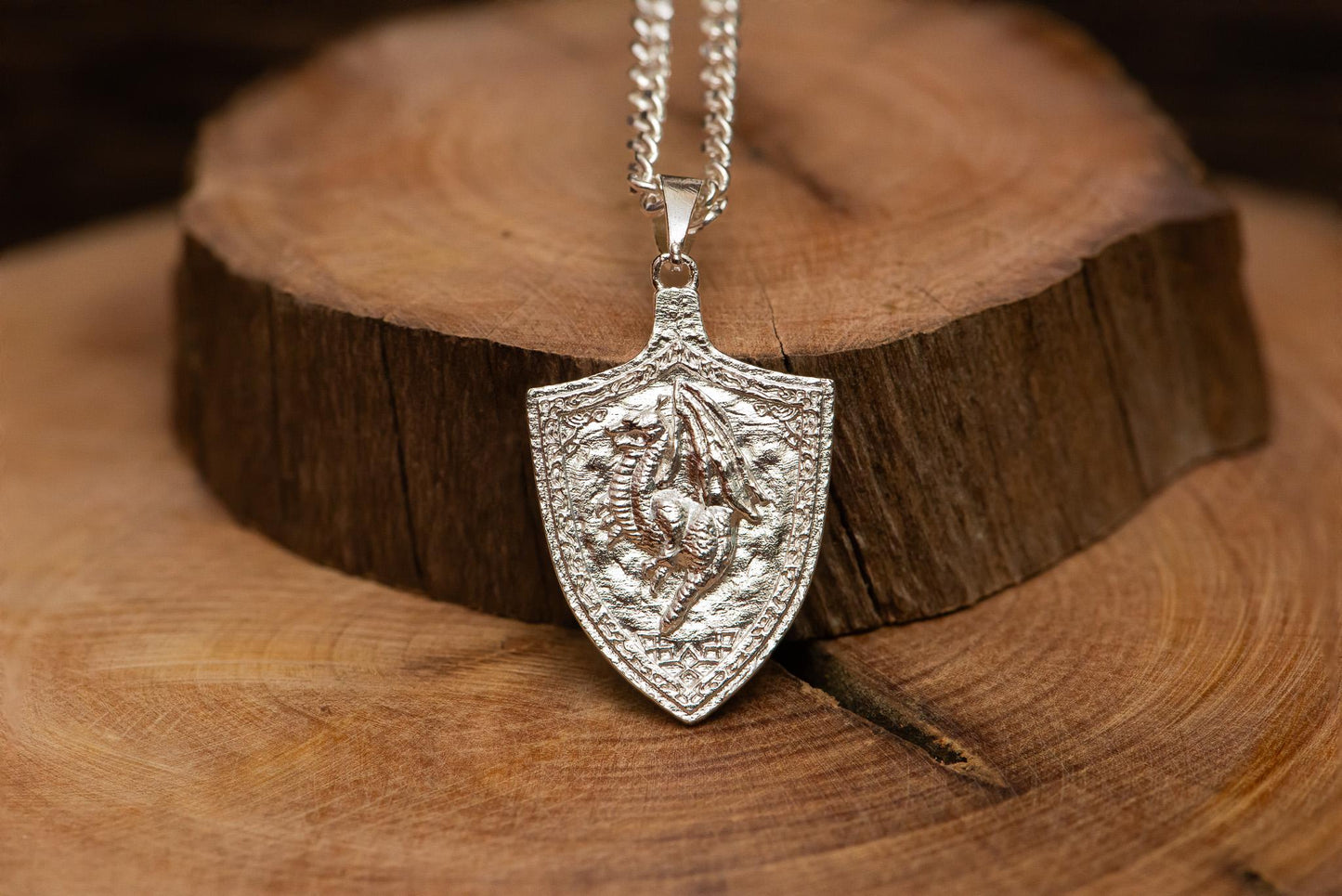Dragoncrest Shield Talisman +1 S925 Oxidized Silver Necklace | Gothic Medieval Pendant | RPG Fantasy Gift