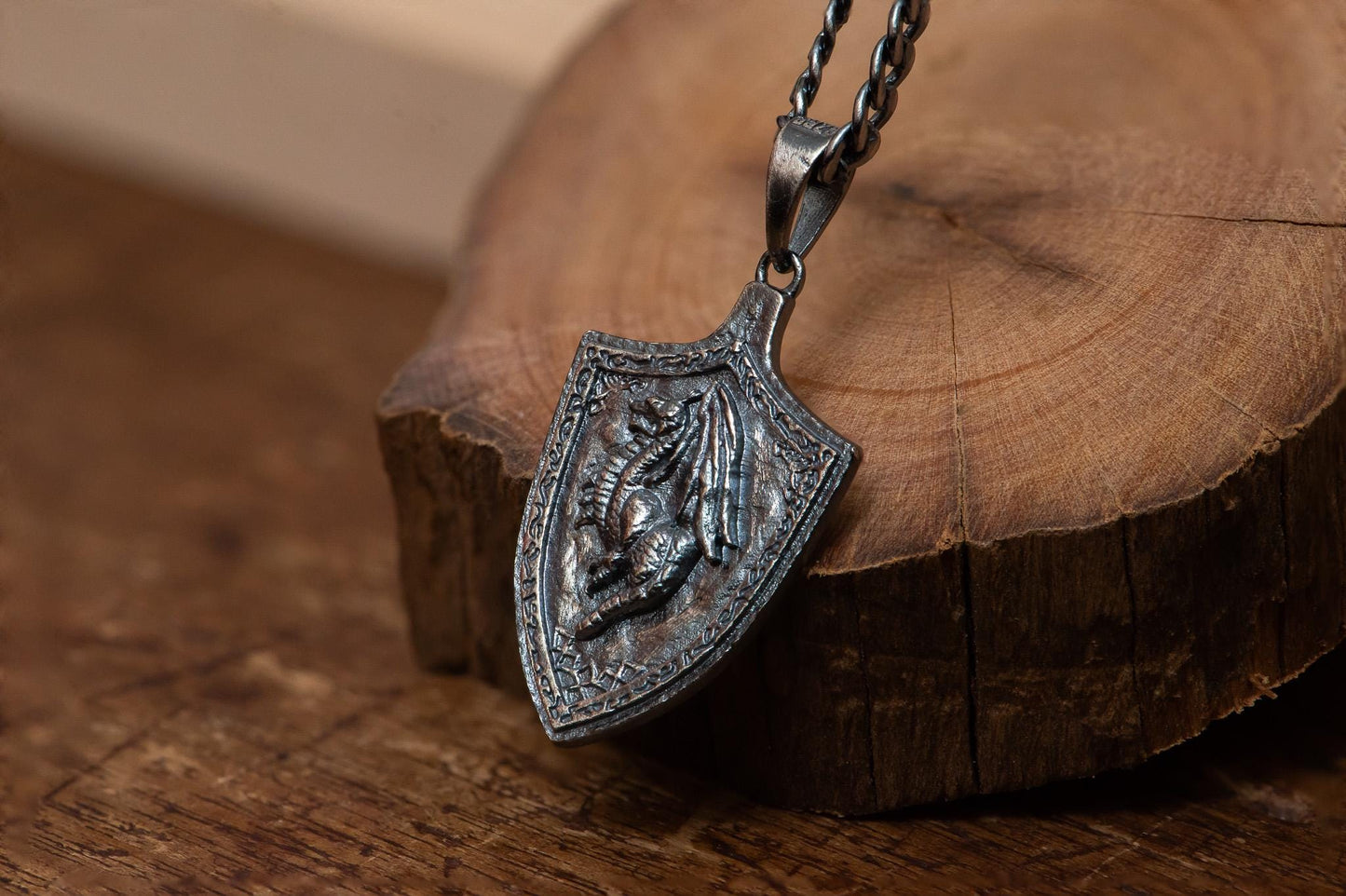 Dragoncrest Shield Talisman +1 S925 Oxidized Silver Necklace | Gothic Medieval Pendant | RPG Fantasy Gift