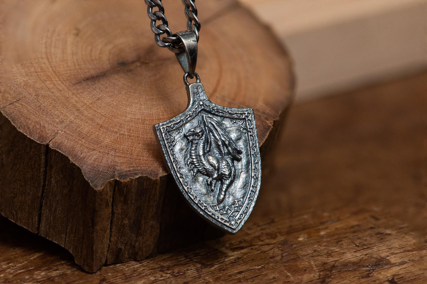 Dragoncrest Shield Talisman +1 S925 Oxidized Silver Necklace | Gothic Medieval Pendant | RPG Fantasy Gift