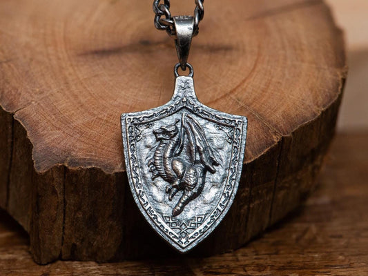 Dragoncrest Shield Talisman S925 Oxidized Silver Necklace | Handmade Fantasy Jewelry For Gamer Men Women