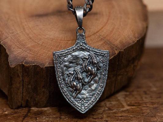 Dragoncrest Shield Talisman +1 S925 Oxidized Silver Necklace | Gothic Medieval Pendant | RPG Fantasy Gift