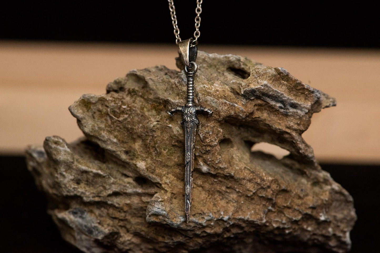 Dark Silver Great Blade Pendant S925 Sterling Sword Necklace Oxidized Finish, Gothic Jewelry for Him, RPG Gamer Gift
