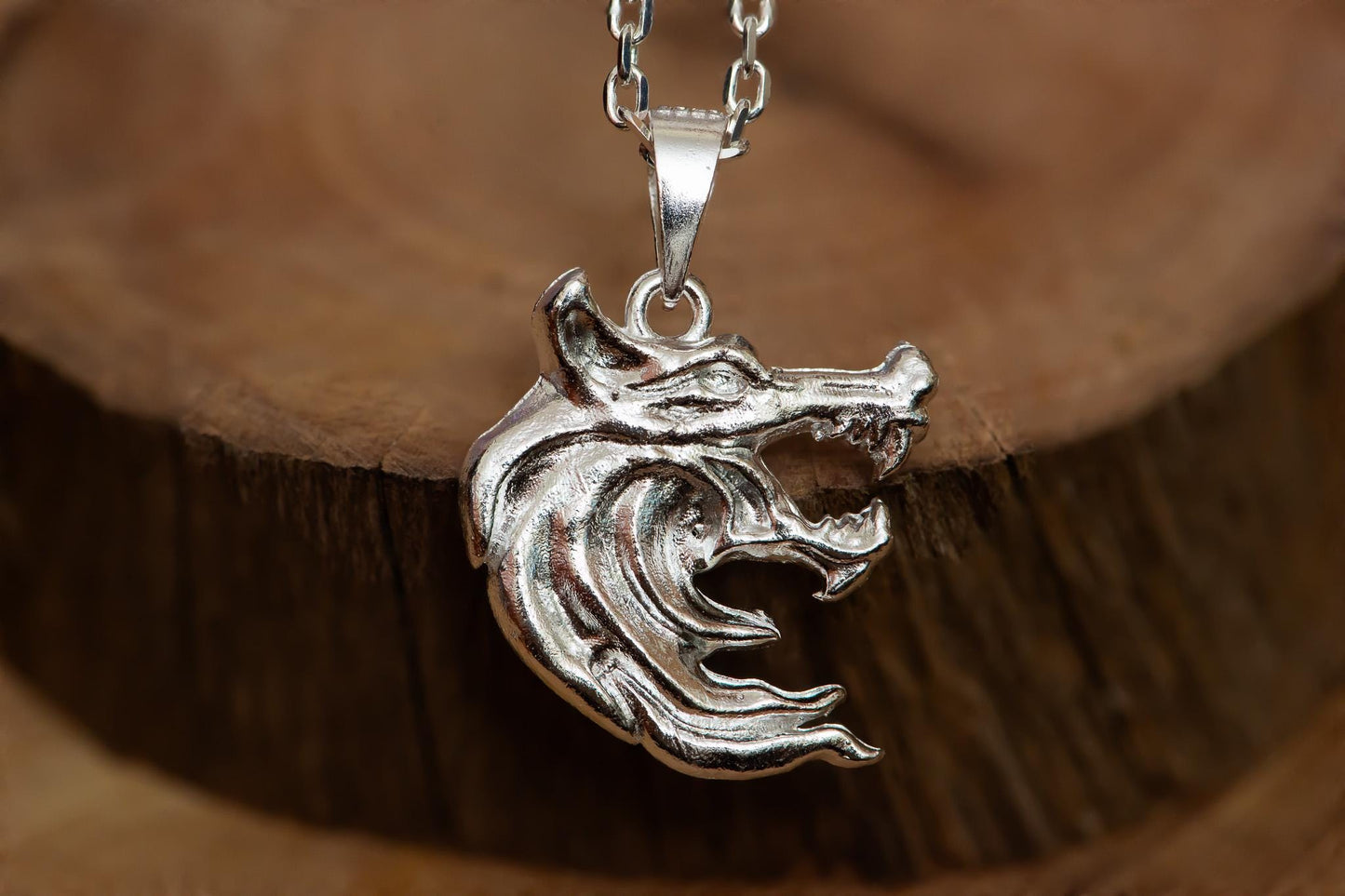 Oxidized Wolf Head Pendant Necklace S925 Sterling Silver, Double-Sided Wolf Jewelry for Men, Handmade Fantasy Gift