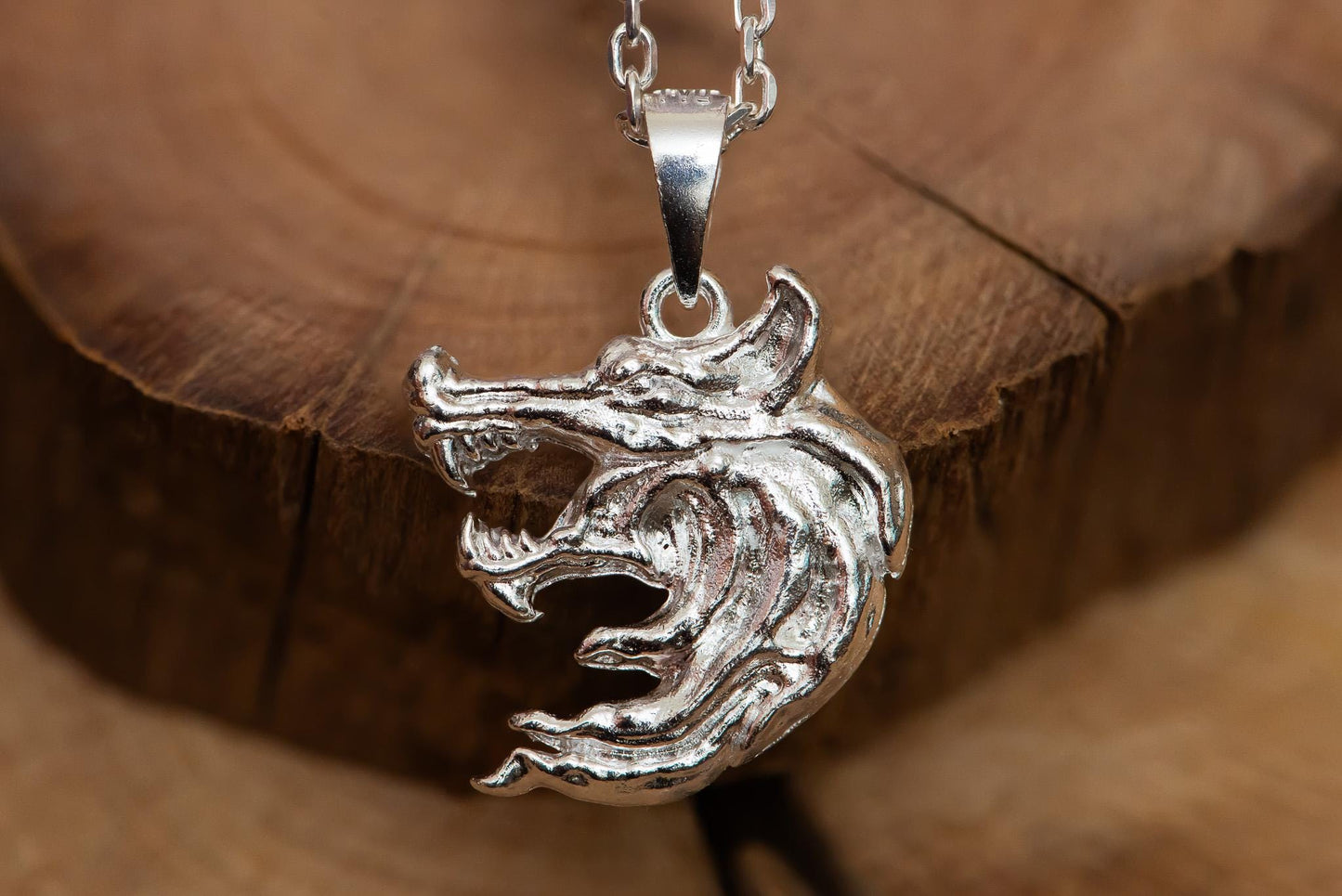 Oxidized Wolf Head Pendant Necklace S925 Sterling Silver, Double-Sided Wolf Jewelry for Men, Handmade Fantasy Gift