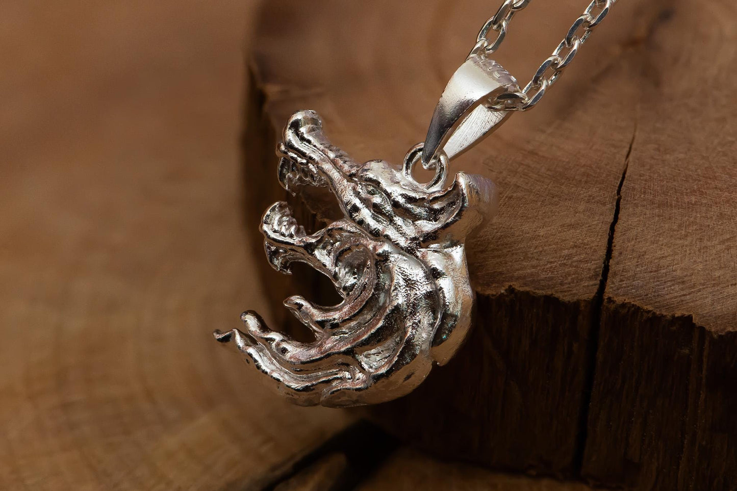 Oxidized Wolf Head Pendant Necklace S925 Sterling Silver, Double-Sided Wolf Jewelry for Men, Handmade Fantasy Gift